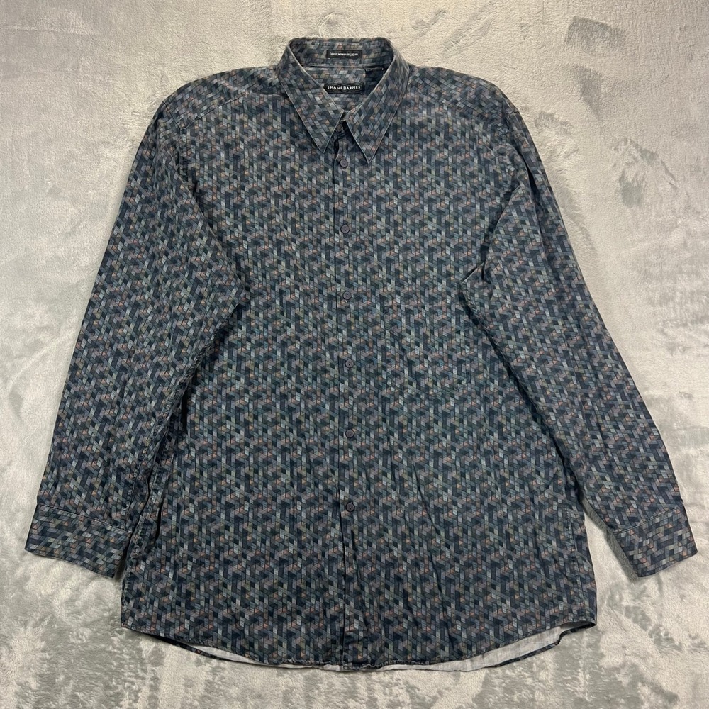 Jhane Barnes Button Shirt Mens XXL Blue Geometric Woven Japan Fabric Vintage LS